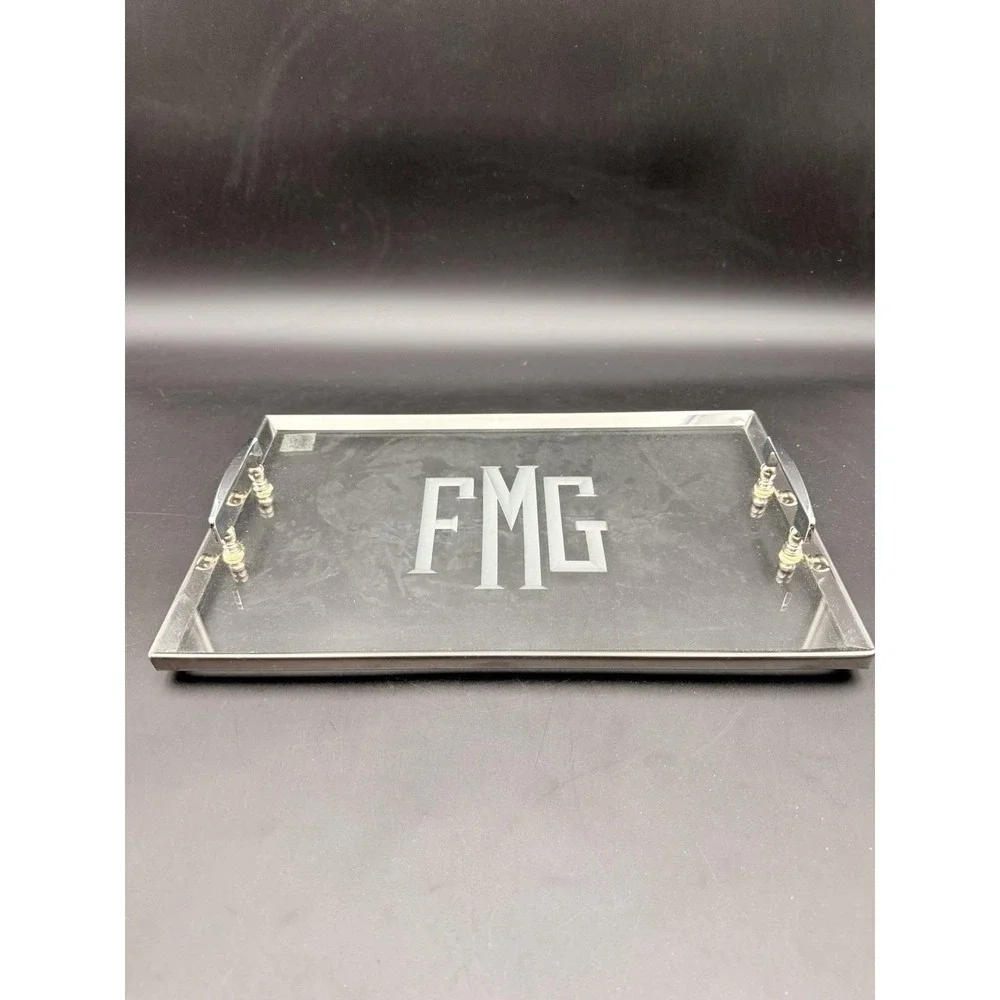 Vintage Silver FRAMED  Glass  Tray with SIGNS FMG 18X12‎